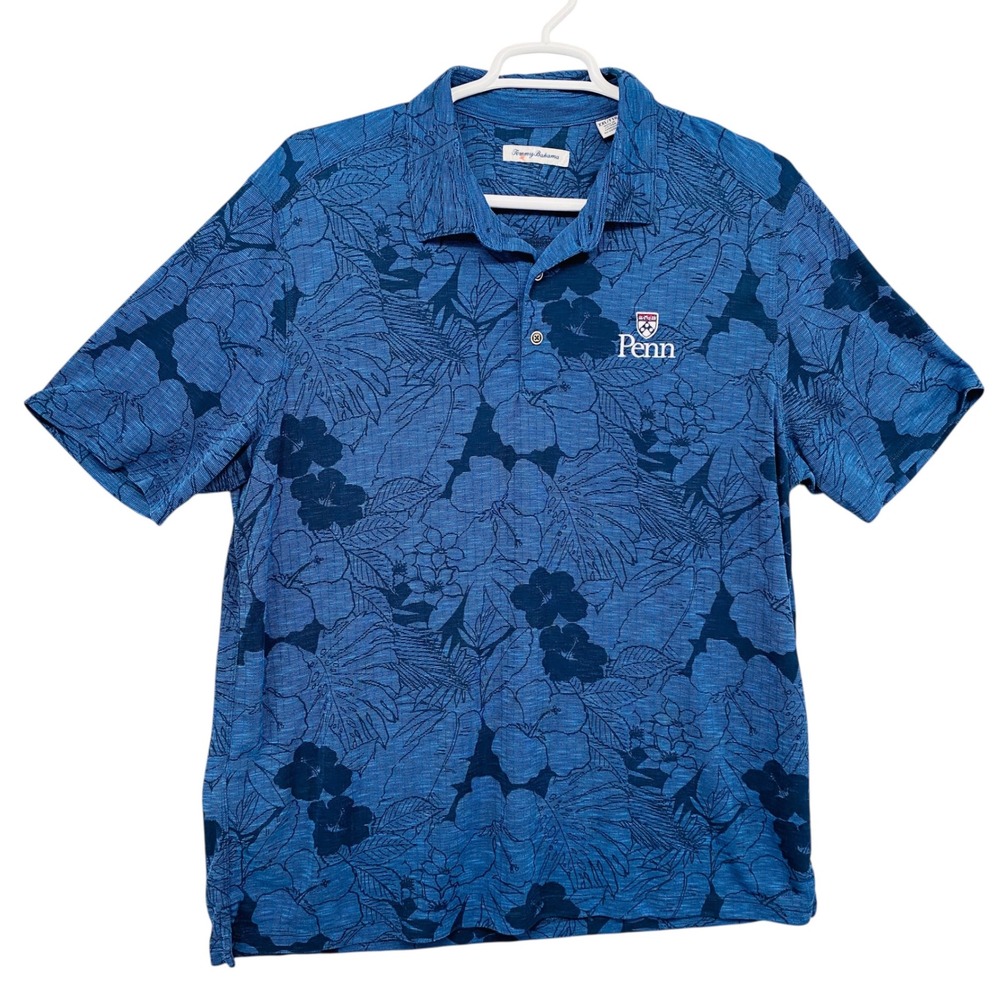 Tommy‎ Bahama Penn University Blue Floral Tropical Polo Shirt Mens XXL Tencel